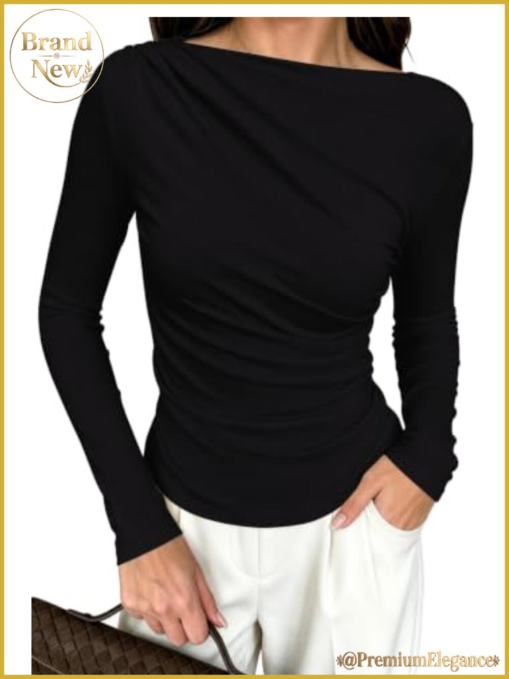 Women's Ruched Boat Neck Long Sleeve Top Stretchy Slim Fit Blouse